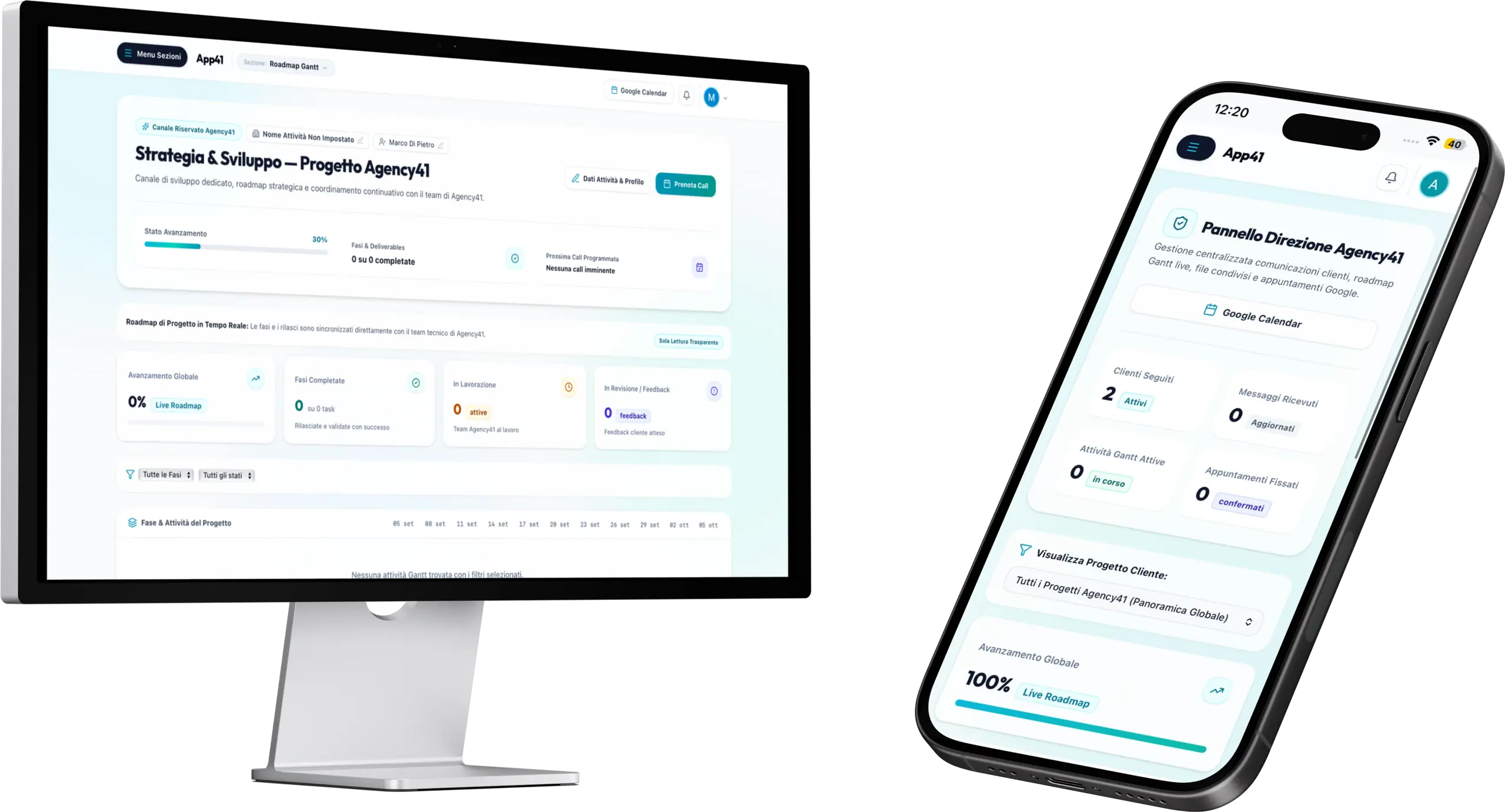 La Fortyone App su monitor e smartphone: roadmap del progetto, attività e avanzamento.